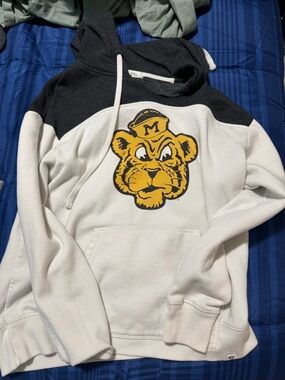 Men's Two-Tone White and Black Hoodie with Yellow Mascot Graphic
